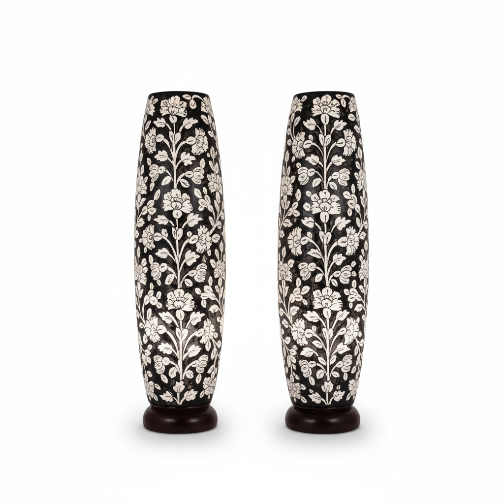 Black and White Floral Inlay Vases