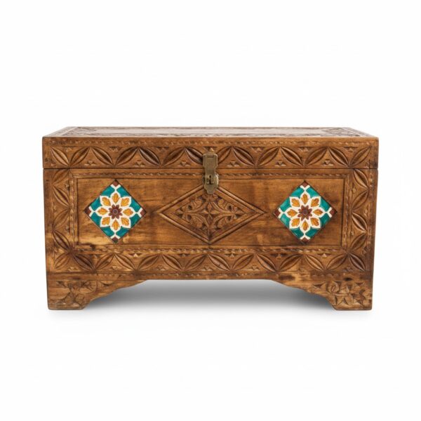 Distressed Teal and Red Floral Trunk Bench