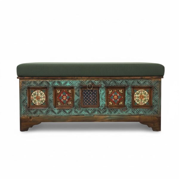 Two-Tone Carved Storage Bench with Olive Cushion