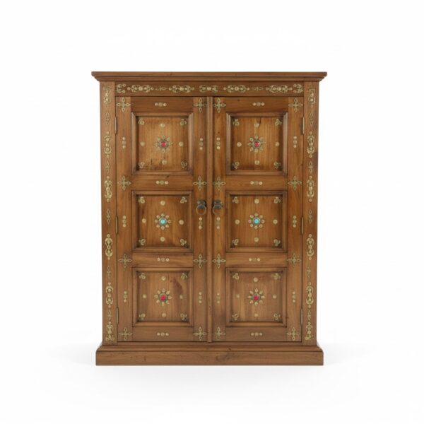 Acacia Wood Cabinet with Brass & Turquoise Inlay