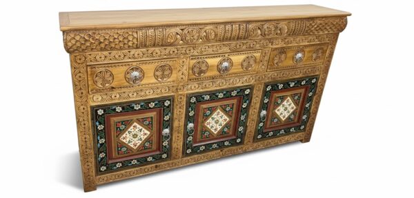 Ornate Carved Sideboard with Brass Inlay