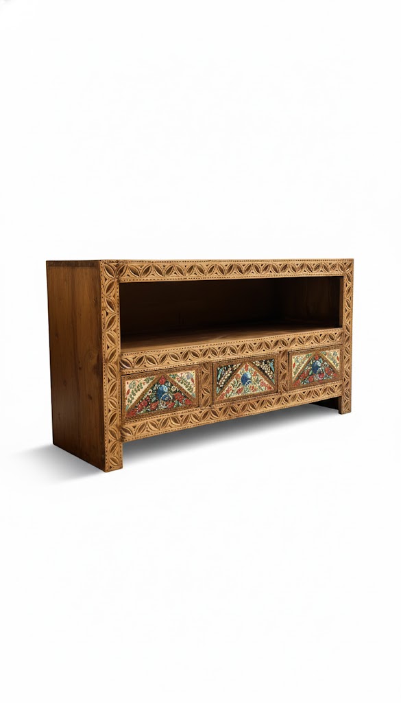 Hand-Carved TV Stand with Inlay Drawers