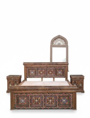 Carved and Painted Wooden Bed Frame