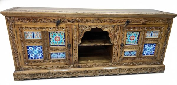Carved Wood TV Credenza with Ceramic Tile Inlay