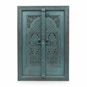 Antique Turquoise Carved Wooden Door Panel