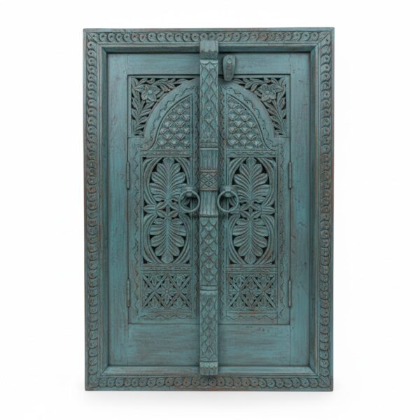 Antique Turquoise Carved Wooden Door Panel