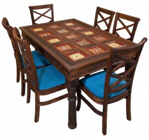 6-Seater Wooden Dining Set with Blue Cushions