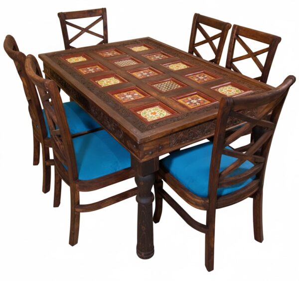 6-Seater Wooden Dining Set with Blue Cushions