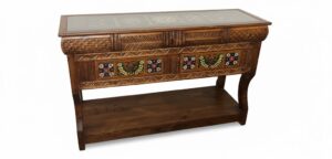 Hand-Carved Console Table with Brass Inlay