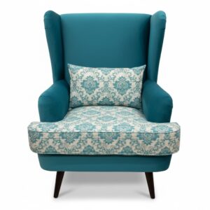 Teal Damask Patterned Wingback Chair
