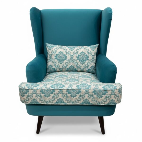 Teal Damask Patterned Wingback Chair